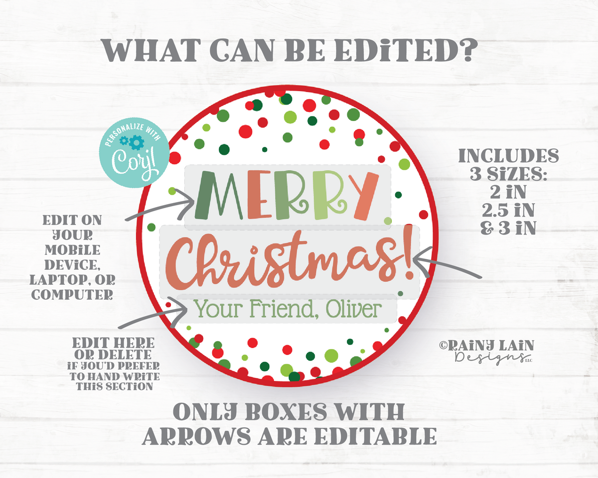 Editable Merry Christmas Tag Round Holiday Gift Appreciation Thank You 