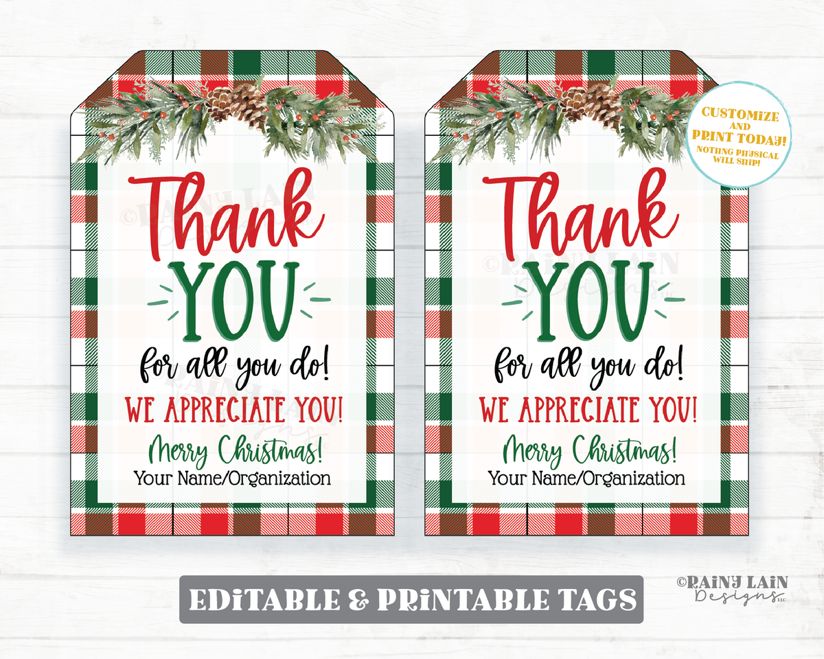 Thank you for all you do plaid Christmas tag Appreciate Holiday Gift Tags  Teacher Appreciation Tags Staff Employee School PTO