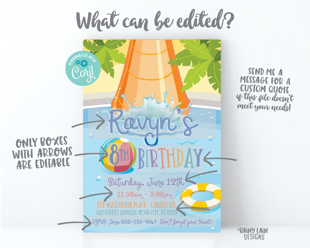 Water Park Birthday Invitation, Water Slide Invite Water Park Invitation  Beach Ball Pool Float Tube Palm Trees Waterslide Birthday Waterpark