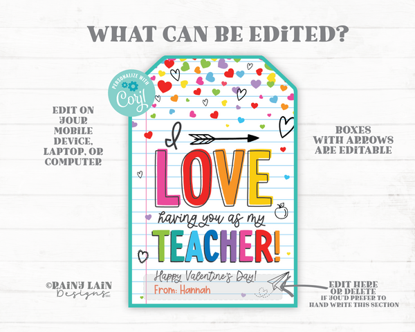 Teacher Valentine Gift Tag, Valentine's Day Gift From Student, Love Having You As My Teacher, Kids Valentine Cards for Teachers, Printable