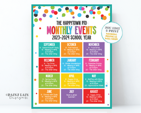 Editable PTO PTA Monthly Events Template Printable School Calendar, Parent Volunteer Newsletter Seasonal Flyer Customizable Digital Download