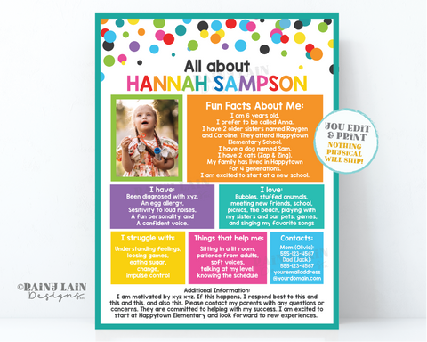 Editable All About Me Child Info Template, Back to School Special Needs, Autism, Speech Disorder ADHD Teacher Therapist, Disability, 1st Day