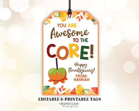 Awesome to the Core Thanksgiving Tag Candy Apple Caramel Fall Gift Appreciation Teacher Staff Employee School Friend Teammate Classmate