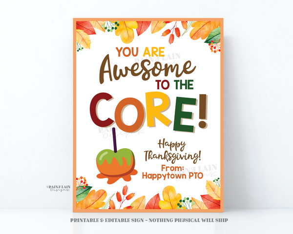 Awesome to the Core Thanksgiving Sign Caramel Apple Fall Gift Appreciation Candy Apple Teacher Staff Employee School PTO PTA