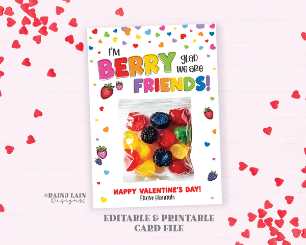 Printable Fruit Snack Valentine Card, Berry Happy Valentine, Friend, Classmate, Classroom, Kids, Exchange, Editable, Non-Candy