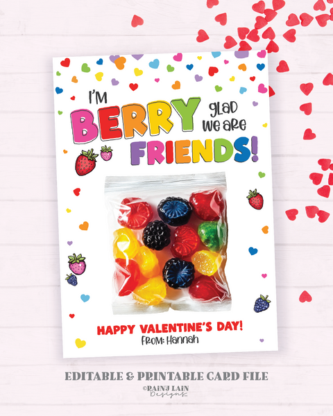 Printable Fruit Snack Valentine Card, Berry Happy Valentine, Friend, Classmate, Classroom, Kids, Exchange, Editable, Non-Candy