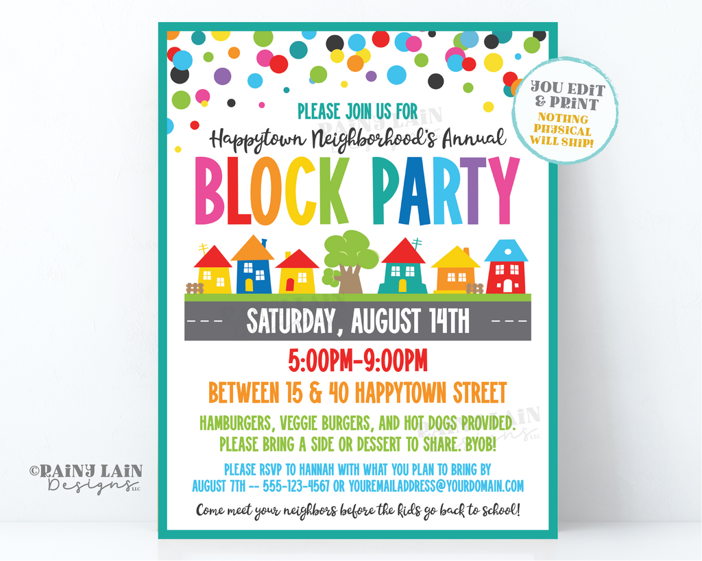 Editable Block Party Flyer Template, Neighborhood Street Summer Party ...