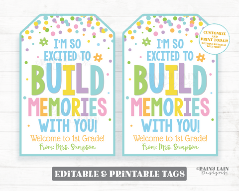 Back to School Student Gift Tag, Build Memories, Hashtag, First Day, Blocks, Puzzle, Building, Preschool, Classroom, Friend, Printable