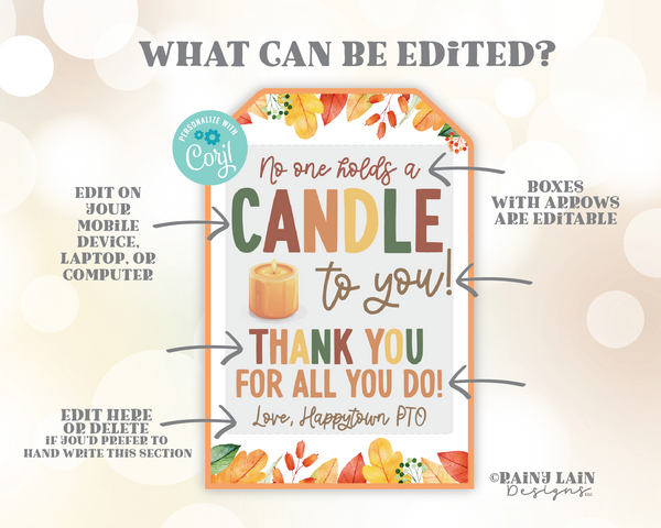 Editable No one Holds a Candle To You Tag Template, Fall Appreciation Gift, Pumpkin Candle, Autumn, Thanksgiving Teacher Employee Staff PTO