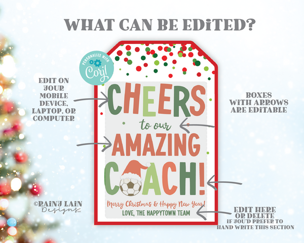 Cheers to our Amazing Coach Tag, Soccer Coach Gift Tag, Editable Holiday Tag, Printable Christmas Tag, Digital Download