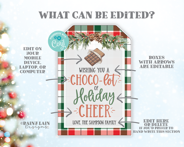 Christmas Chocolate Gift Tag, Editable Thanks a Choco-lot, Holiday Cheer, Printable Staff Teacher Student Preschool Classroom, Plaid