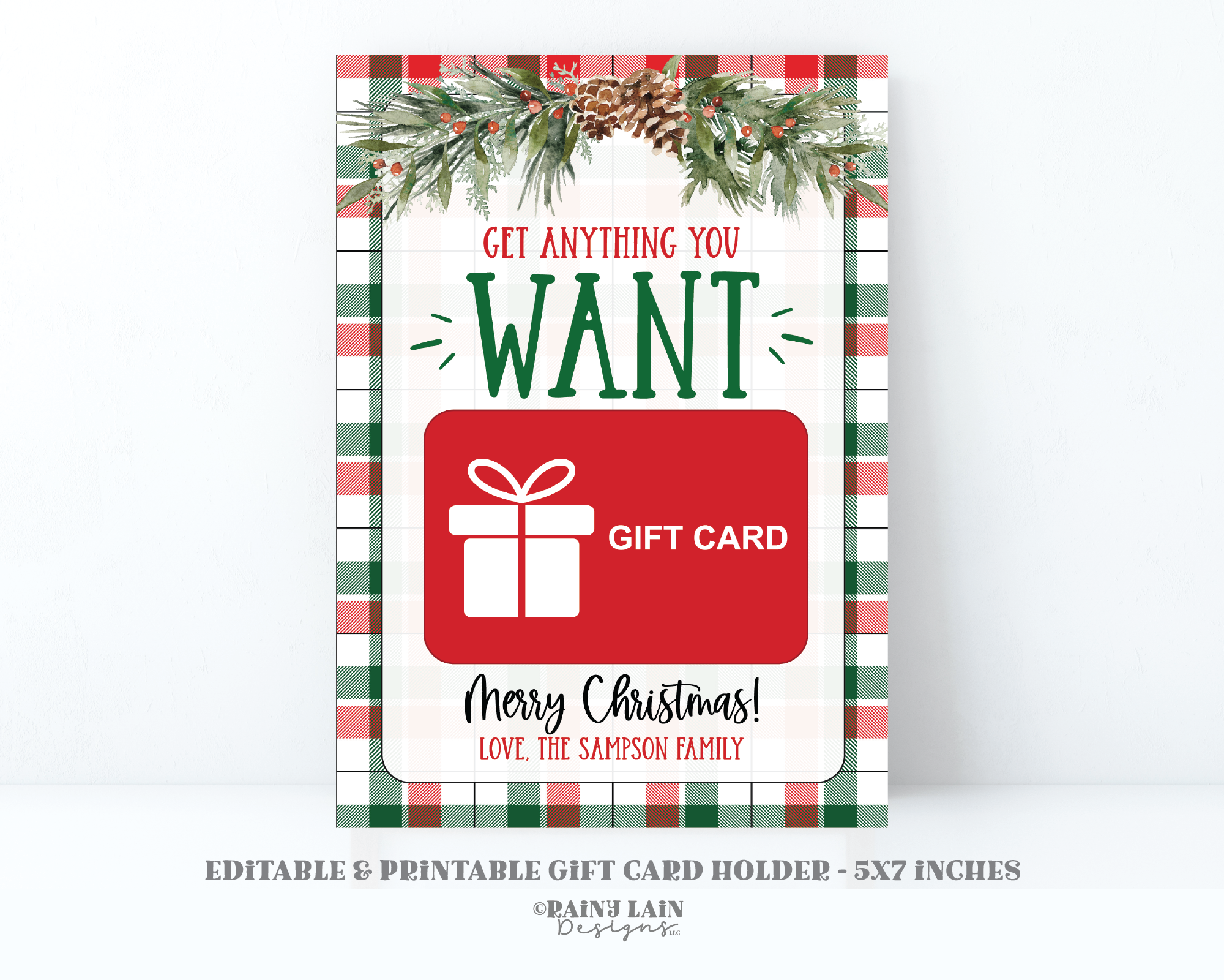 Printable Christmas Gift Card Holder, Last Minute Niece Nephew Teacher Co-worker Friend Holiday GiftCard, Editable, Get Anything you Want