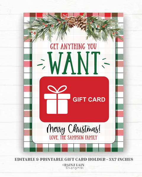 Printable Christmas Gift Card Holder, Last Minute Niece Nephew Teacher Co-worker Friend Holiday GiftCard, Editable, Get Anything you Want