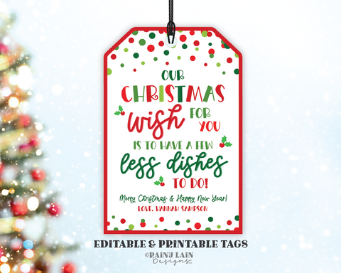 Paper Plate Gift Tags, Less Dishes Christmas Wish, Hostess, Teacher, School PTO, Neighbor, Realtor Pop By, Editable Template