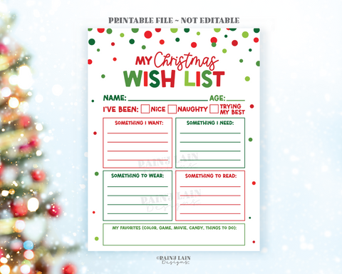 Printable Christmas Wish List for Kids, Santa Wish List, Holidays Wish List Template, Instant Download, Letter to Santa, Kids Questionnaire