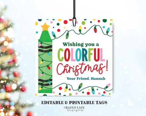 Editable Colorful Christmas Gift Tag, Crayon, Coloring Book, Classroom Preschool Stocking Stuffer Printable, From Teacher, Digital Download