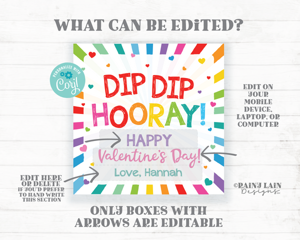 Dip Dip Hooray Tag Happy Valentine's Day Candy Dip Fun Preschool Classroom Printable Kids Candy Valentine Tag Editable Easy Valentine