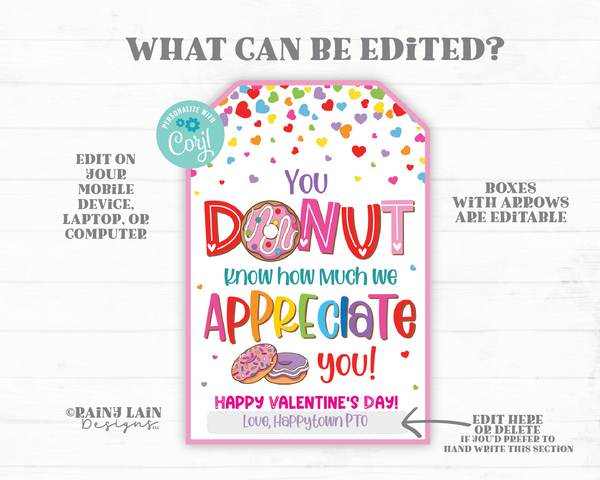 Editable Valentine's Day Donut Gift Tag, Appreciate Valentine, Donut Know, Nurse, Staff, Employee, Teacher Appreciation, School PTO