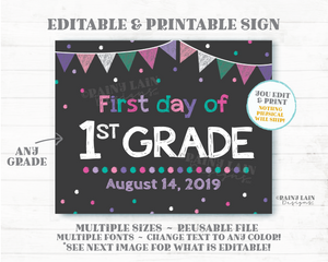 Pink Purple Teal Editable First Day of School Sign Template 1st 2nd 3rd Pre-K Back to School Chalkboard Photo Prop Kindergarten Preschool