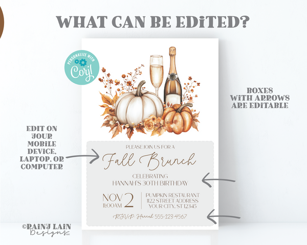 Fall Brunch Invitation Template, Autumn Brunch Invite, Birthday Bridal Shower Engagement Morning After Wedding Rehearsal, Pumpkins Champagne