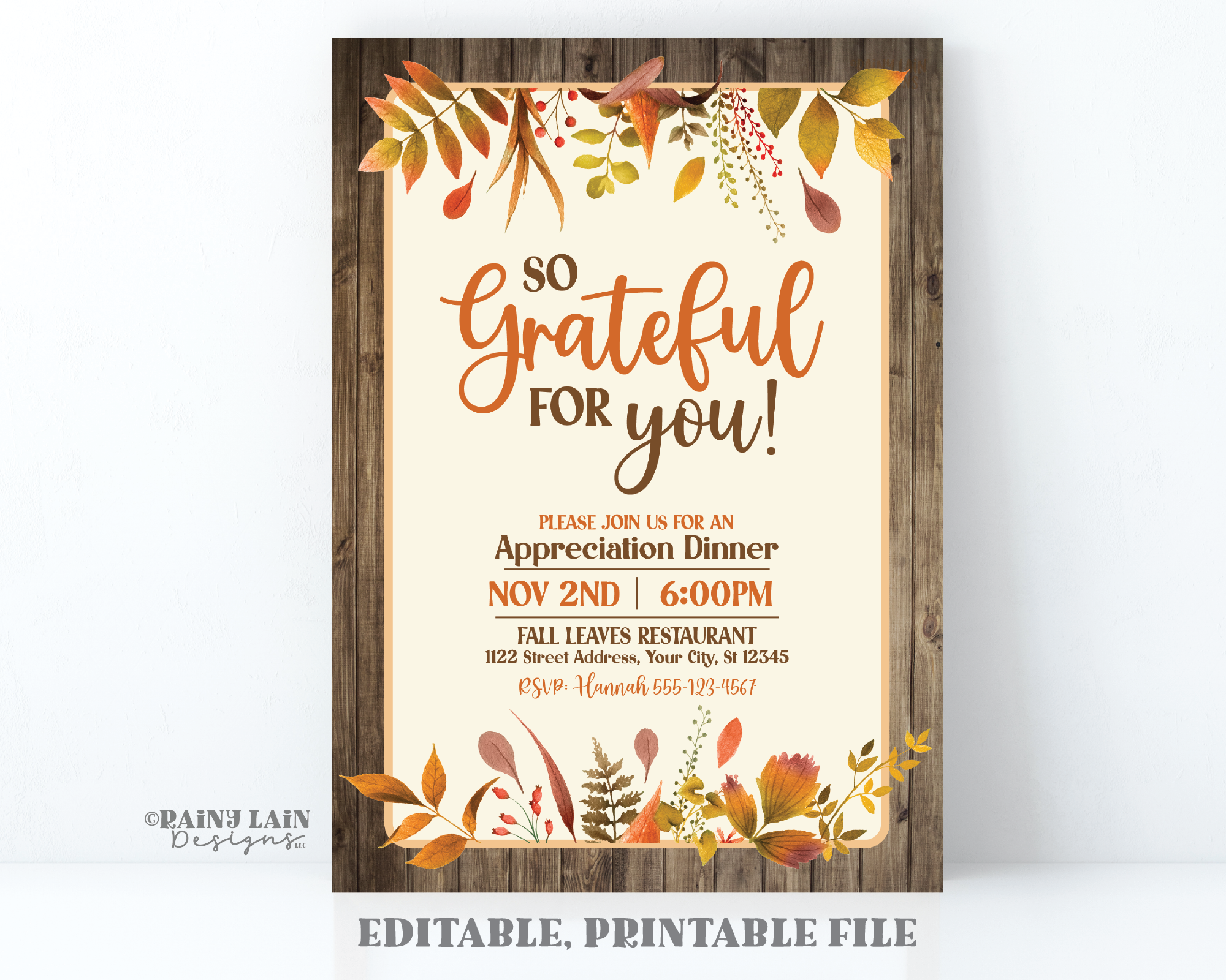 Editable Fall Appreciation Invitation Template, Printable Thanksgiving, Teacher, Staff, Client, Employee, Thank You,  Friendsgiving