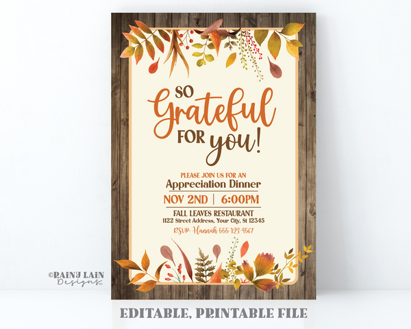 Editable Fall Appreciation Invitation Template, Printable Thanksgiving, Teacher, Staff, Client, Employee, Thank You,  Friendsgiving