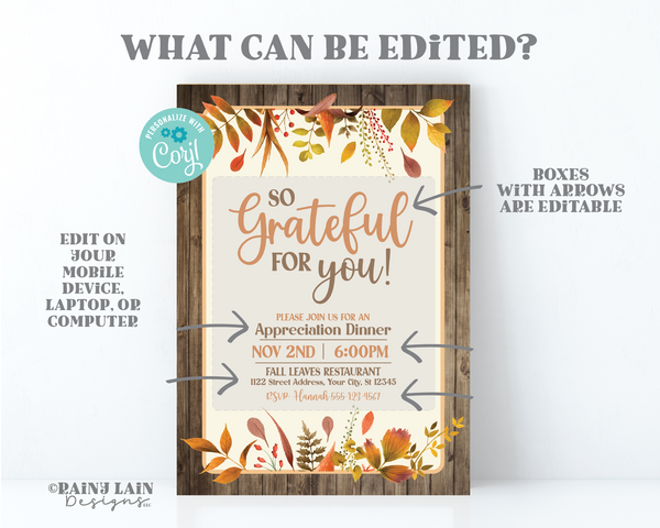 Editable Fall Appreciation Invitation Template, Printable Thanksgiving, Teacher, Staff, Client, Employee, Thank You,  Friendsgiving