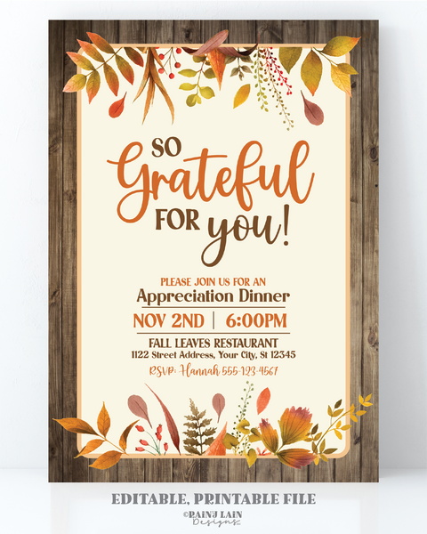 Editable Fall Appreciation Invitation Template, Printable Thanksgiving, Teacher, Staff, Client, Employee, Thank You,  Friendsgiving