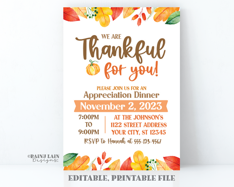 Fall Appreciation Invitation, Editable Template, Printable Thanksgiving Invite, Teacher, Staff, Client, Employee, Thank You, Friendsgiving