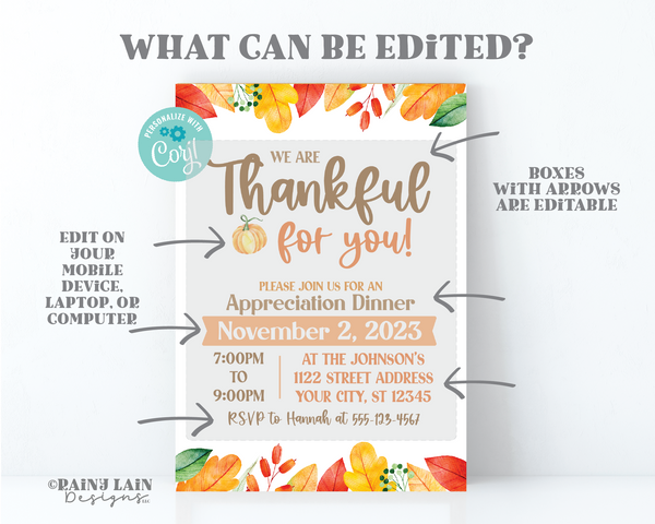 Fall Appreciation Invitation, Editable Template, Printable Thanksgiving Invite, Teacher, Staff, Client, Employee, Thank You, Friendsgiving