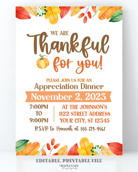 Fall Appreciation Invitation, Editable Template, Printable Thanksgiving Invite, Teacher, Staff, Client, Employee, Thank You, Friendsgiving