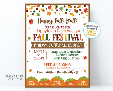 Fall Festival Flyer Template Editable, Harvest Invitation Church, School, Printable, Digital Download, Fundraiser, Leaves Pumpkins Confetti