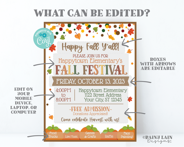 Fall Festival Flyer Template Editable, Harvest Invitation Church, School, Printable, Digital Download, Fundraiser, Leaves Pumpkins Confetti