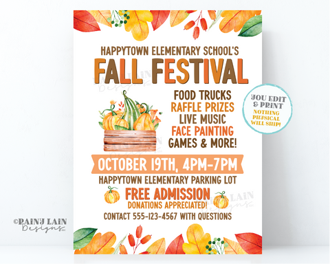 Editable Fall Festival Flyer Template, Harvest Invitation, Fundraiser, Church, School, Printable, Digital Download, Leaves, Pumpkins, Ghords