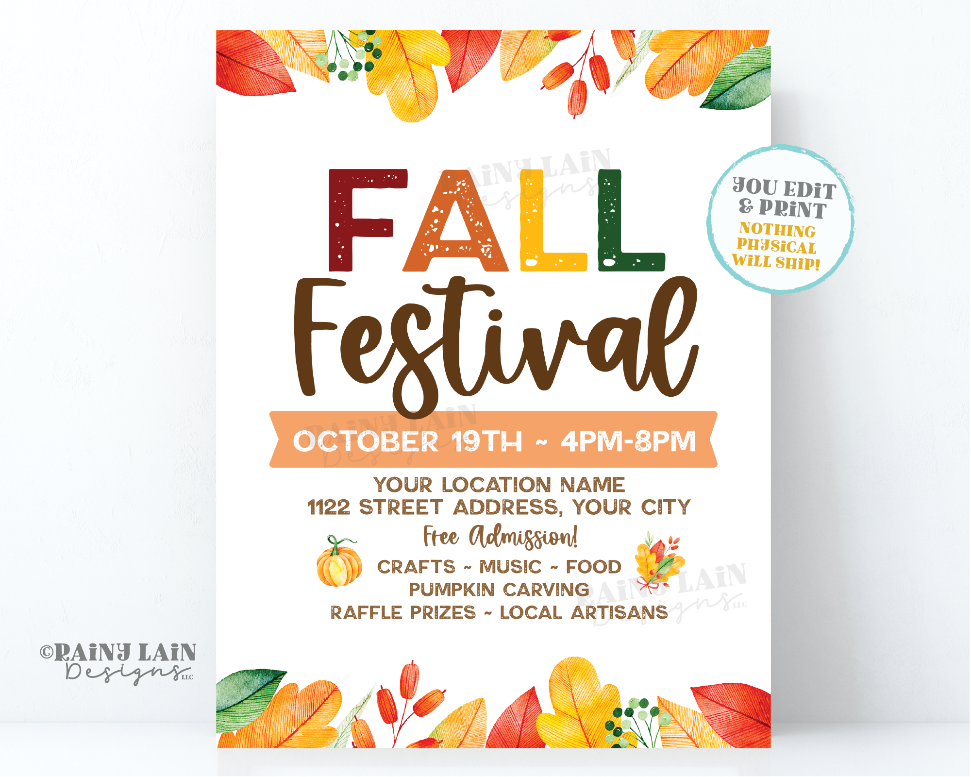 Editable Fall Harvest Festival Flyer Template, Church Fundraiser Invitation, School, Printable, Digital Download, Leaves, Simple