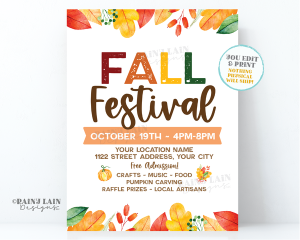 Editable Fall Harvest Festival Flyer Template, Church Fundraiser Invitation, School, Printable, Digital Download, Leaves, Simple