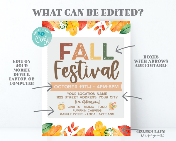 Editable Fall Harvest Festival Flyer Template, Church Fundraiser Invitation, School, Printable, Digital Download, Leaves, Simple