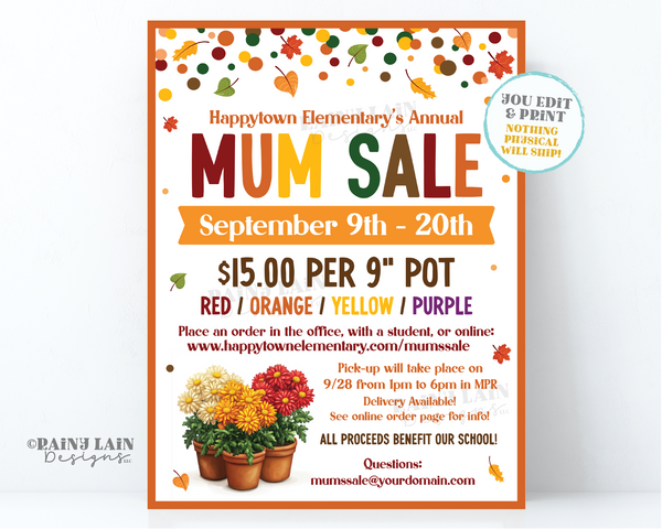 Mums Sale Flyer Template Editable Chrysanthemum Invitation, Sports Fundraiser, Church, School, Printable, Digital Download