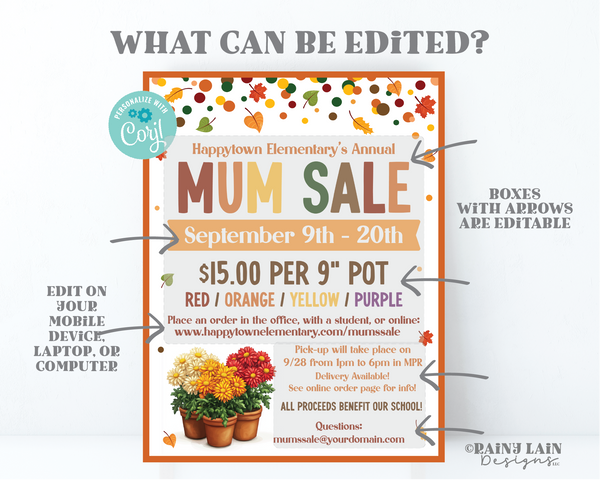 Mums Sale Flyer Template Editable Chrysanthemum Invitation, Sports Fundraiser, Church, School, Printable, Digital Download