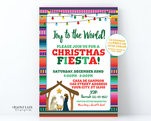 Nativity Invitation, Christmas Fiesta Invitation, Christmas Party Invite, Joy to the World, Posada, Jesus, Manger, Christmas Lights, Serape