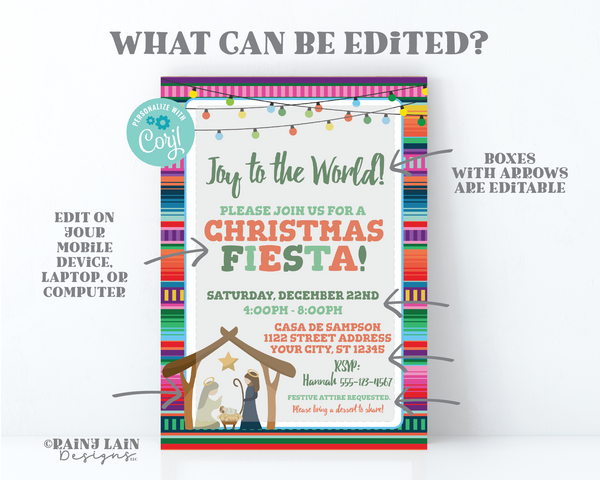 Nativity Invitation, Christmas Fiesta Invitation, Christmas Party Invite, Joy to the World, Posada, Jesus, Manger, Christmas Lights, Serape