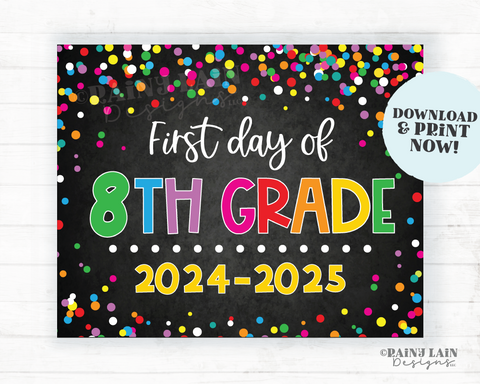 1st day of 8th grade sign First day of eighth grade First day of School Back to School Chalkboard Printable 1st Day of School Confetti