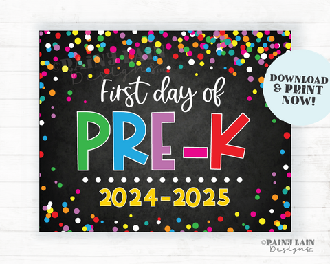 1st day of pre-k sign First day of prek First day of School Back to School Chalkboard Printable 1st Day of School Confetti