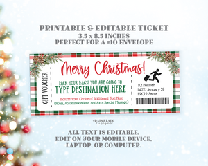 Editable Christmas Trip Ticket Template, Printable Holiday Gift Boarding Pass Travel Vacation Airplane Voucher New York, Las Vegas Hawaii