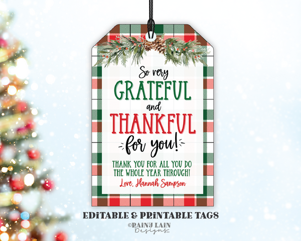 Editable Christmas Thank You Gift Tag Template, Printable Holiday Appreciation, Staff Employee Teacher Nurse Volunteer School PTO, Plaid