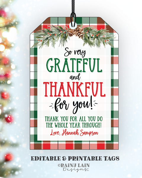 Editable Christmas Thank You Gift Tag Template, Printable Holiday Appreciation, Staff Employee Teacher Nurse Volunteer School PTO, Plaid