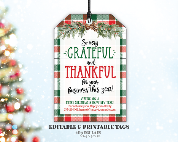 Editable Christmas Small Business Appreciation Gift Tag Template, Holiday Grateful Thankful Pop By, Client Customer Printable Download Plaid