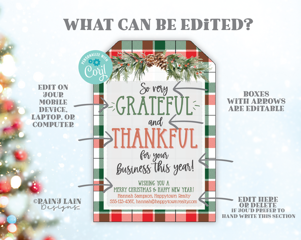 Editable Christmas Small Business Appreciation Gift Tag Template, Holiday Grateful Thankful Pop By, Client Customer Printable Download Plaid