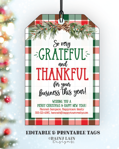 Editable Christmas Small Business Appreciation Gift Tag Template, Holiday Grateful Thankful Pop By, Client Customer Printable Download Plaid