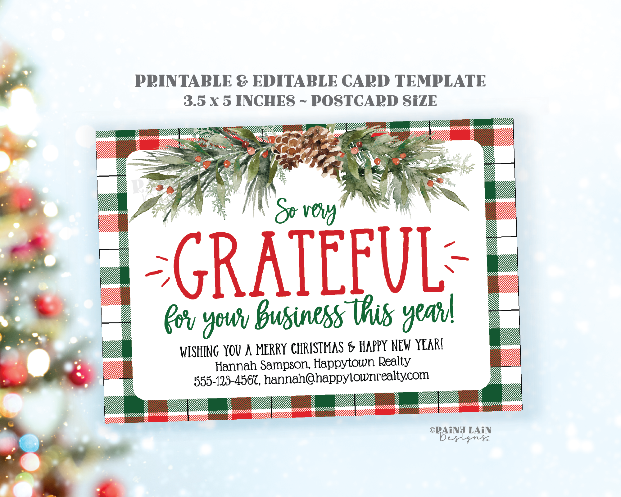 Christmas Small Business Postcard Template Editable Holiday Mailer, Client Customer Appreciation, Thank you for your business Card Plaid